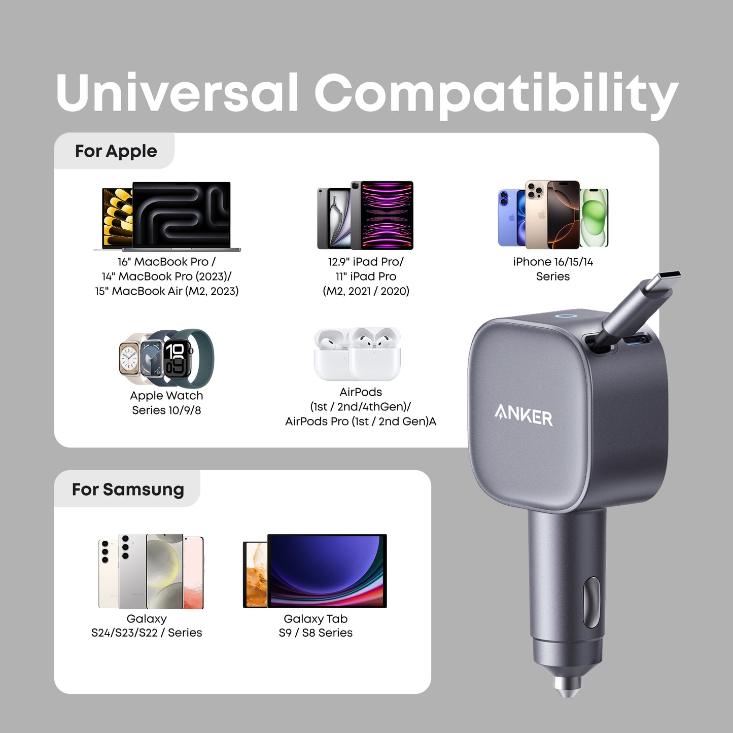 Anker Nano Car Charger (75W, USB-C Port, Built-In Retractable USB-C Cable)