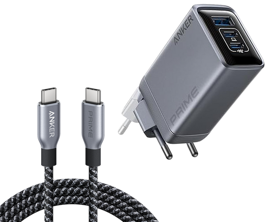 Anker Prime Charger (100W, 3 Ports, GaN) and Anker Prime USB-C to USB-C Cable (240W, Upcycled-Braided)