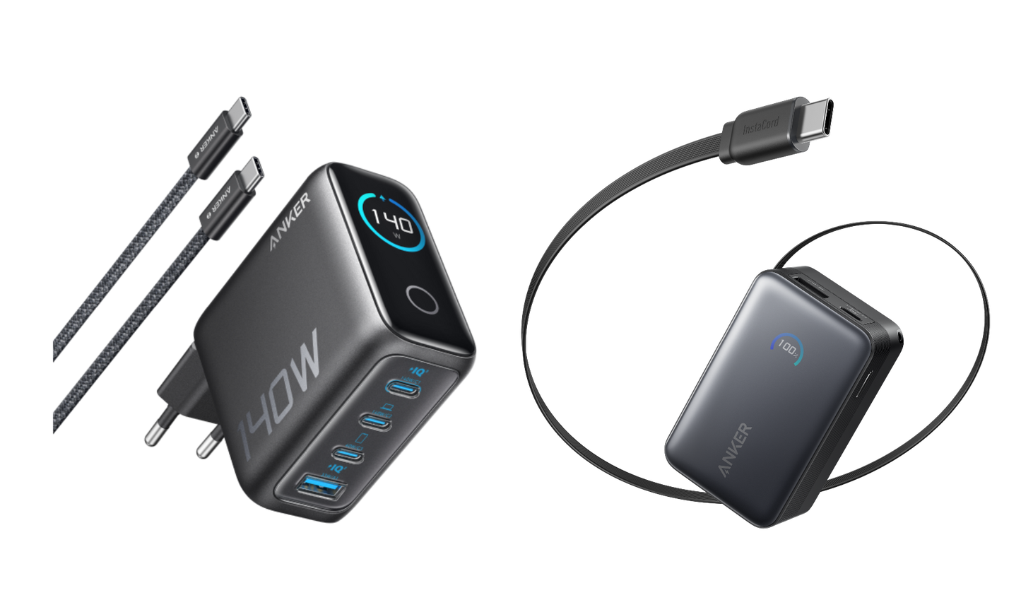 Anker Laptop Ładowarka (140 W, 4 porty, PD 3.1) z kablem USB-C i Powerbank Anker Nano (10K, 45W, Wbudowany zwijany kabel USB-C)