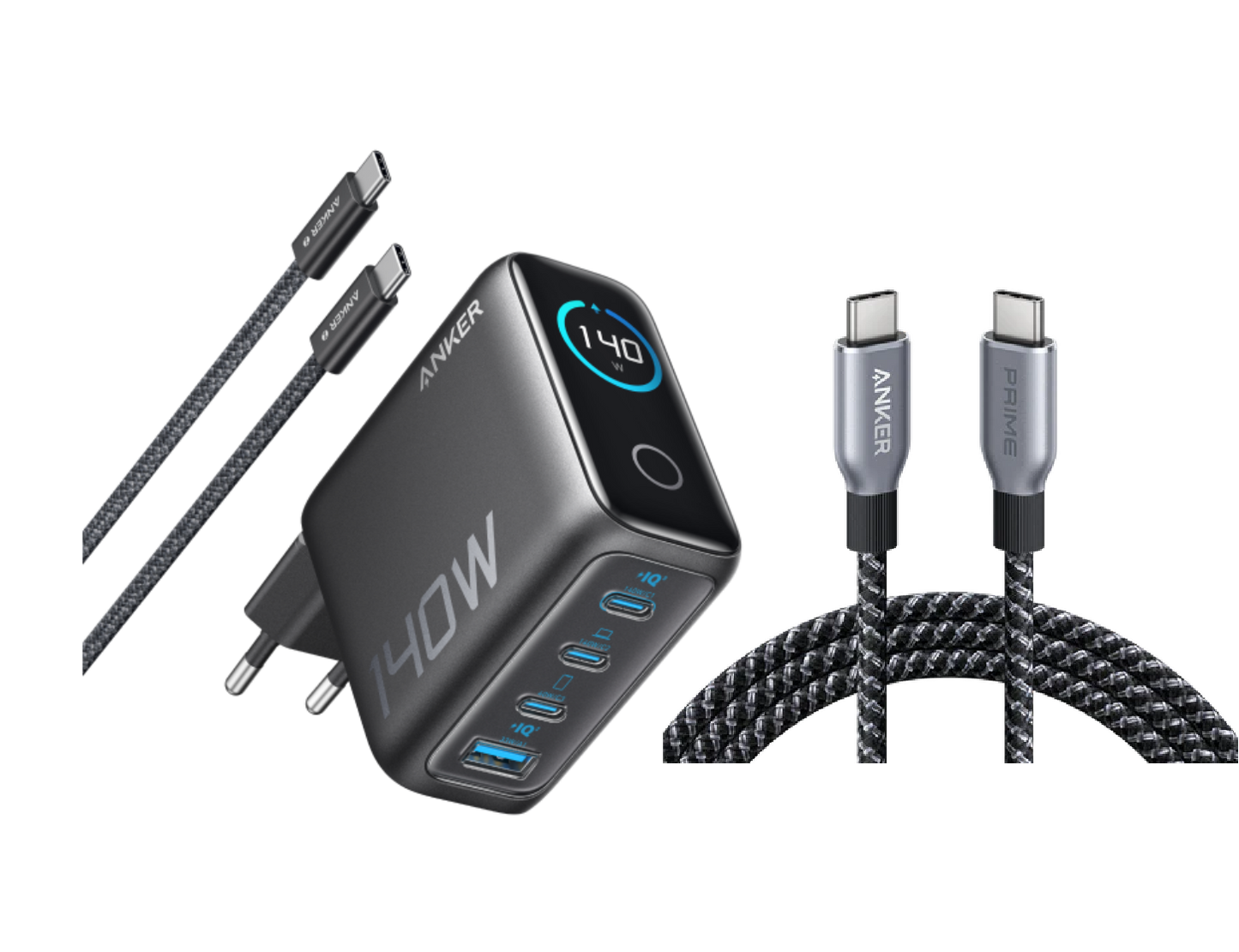 Anker Laptop Ładowarka (140 W, 4 porty, PD 3.1) z kablem USB-C i Kabel Anker Prime USB-C do USB-C (240 W, pleciony z recyklingu)
