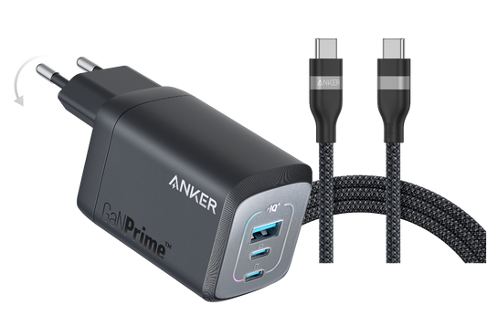 Anker Prime 100W GaN Wall Charger (3 Ports)+Anker USB-C to USB-C Cable (240W, Upcycled-Braided)