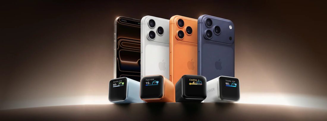 Anker Nano fast charger for iPhone with smart displays and iPhones in multiple colours