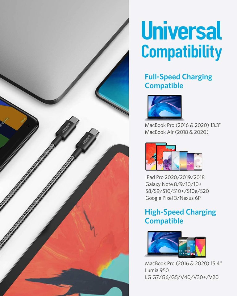USB-C to USB-C Cable (6ft, Braided, 60W) 2pack Black