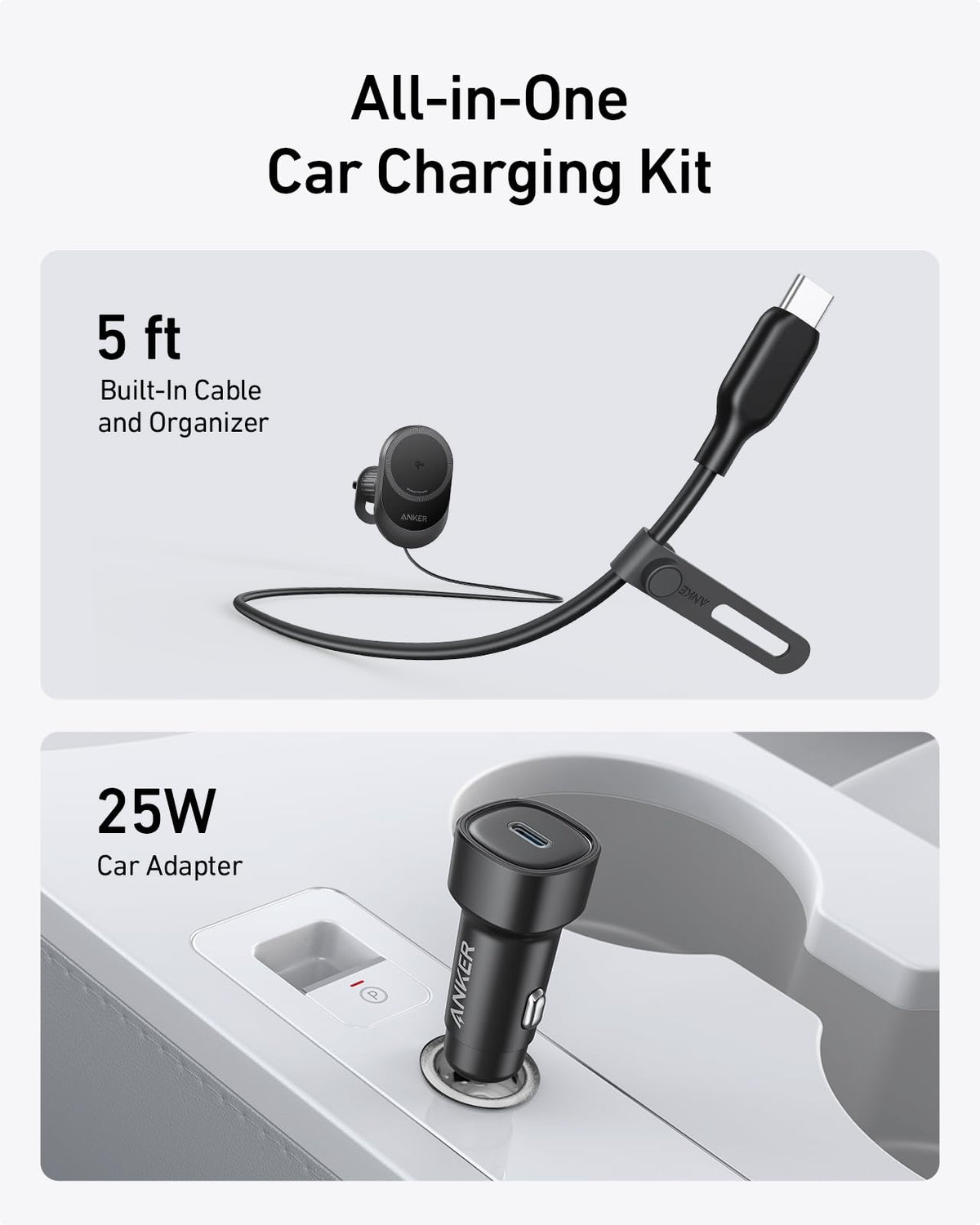 Anker MagGo Wireless Car Charger (Pad, Built-In USB-C Cable)