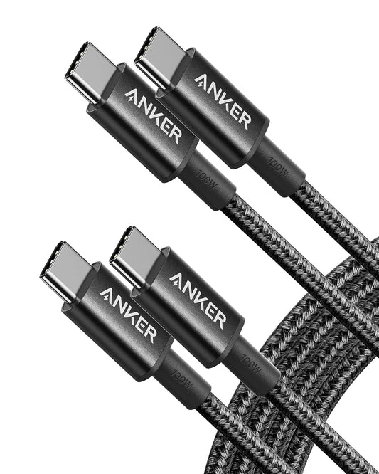 USB-C to USB-C Cable (6ft, Braided, 100W) 2Pack Black