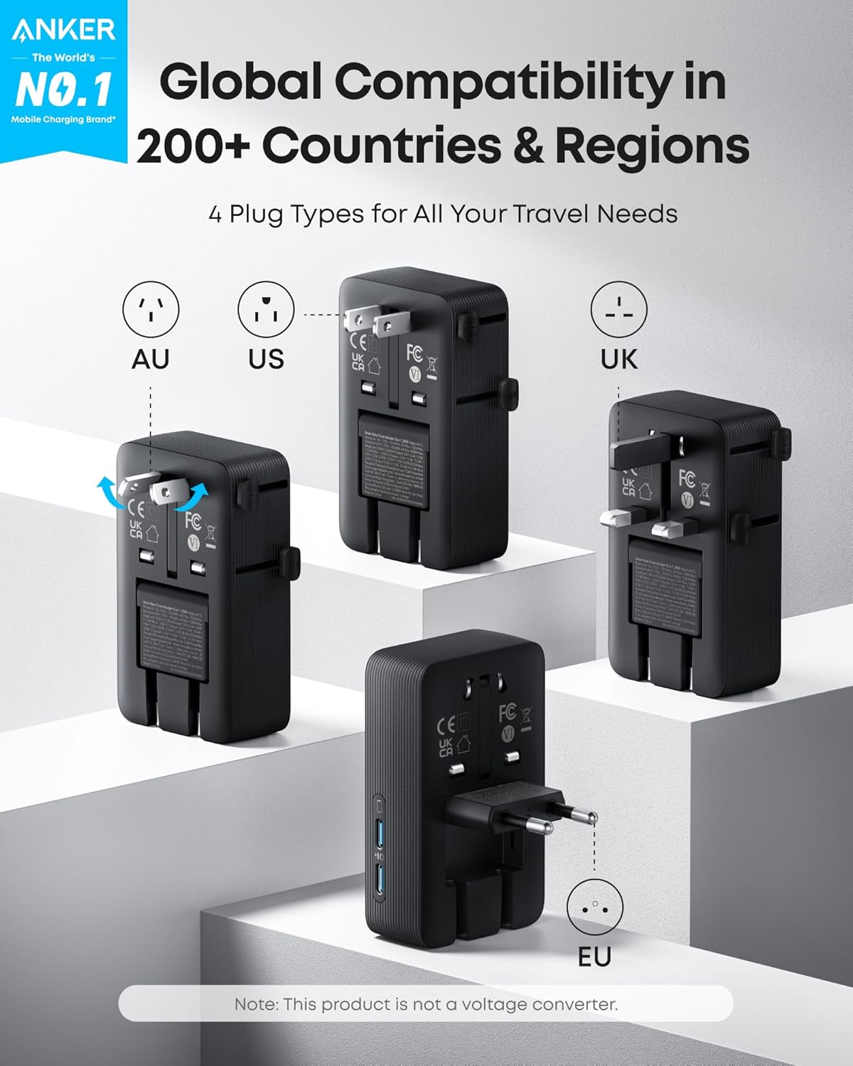 Anker Laptop Charger (140W, 4-Port, PD 3.1) with USB-C Cable and Anker Nano Travel Adapter (5-in-1, 20W, 1-Pack)