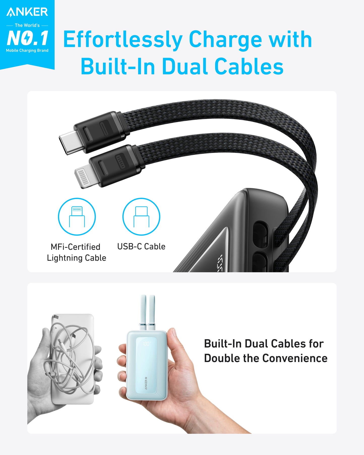 Anker Zolo Power Bank (10K,30W,Built-In Dual USB-C Cables)