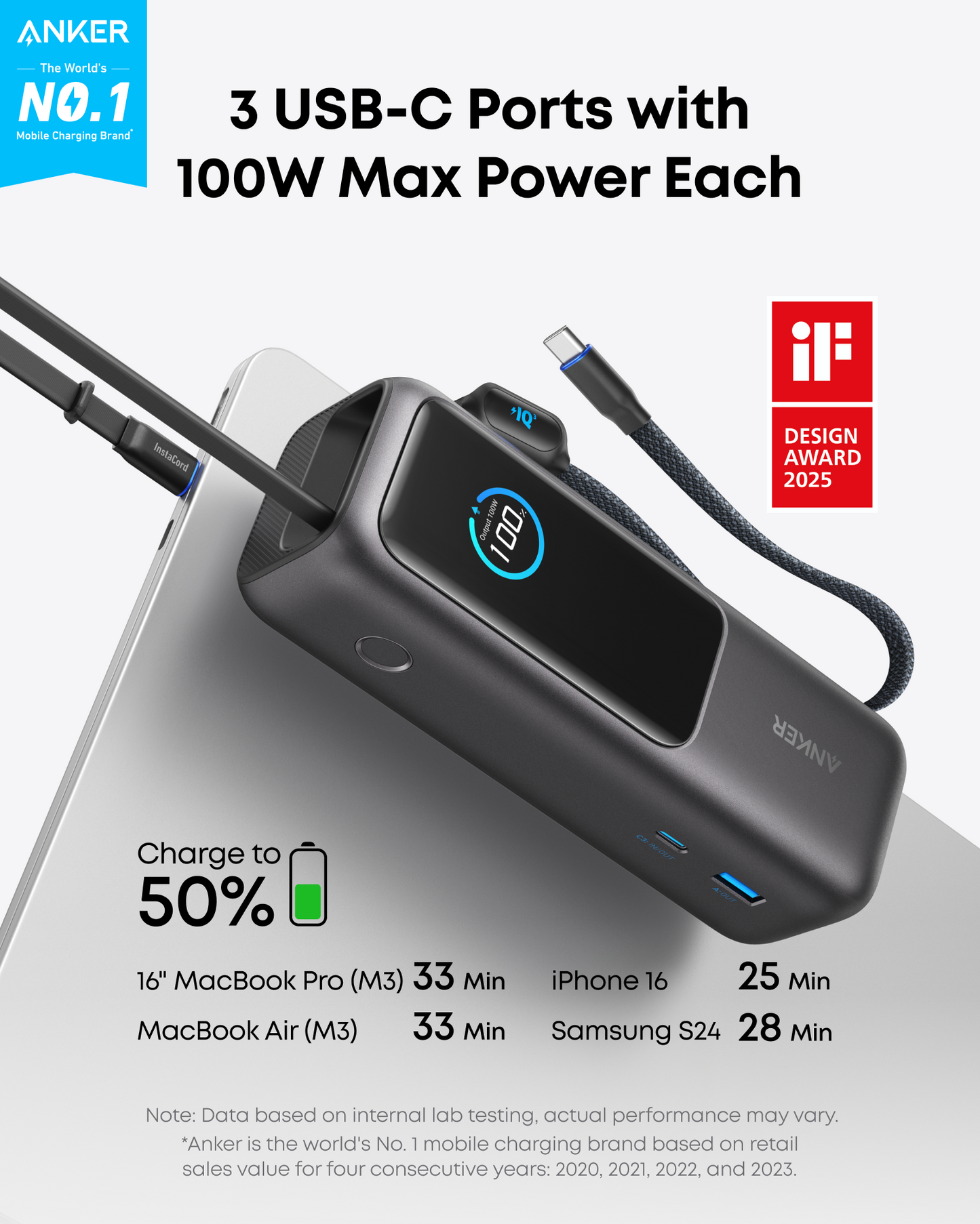 Anker Laptop Power Bank (25K, 165W, Built-In and Retractable Cables) and Anker USB-C to USB-C Cable (240W, Upcycled-Braided)