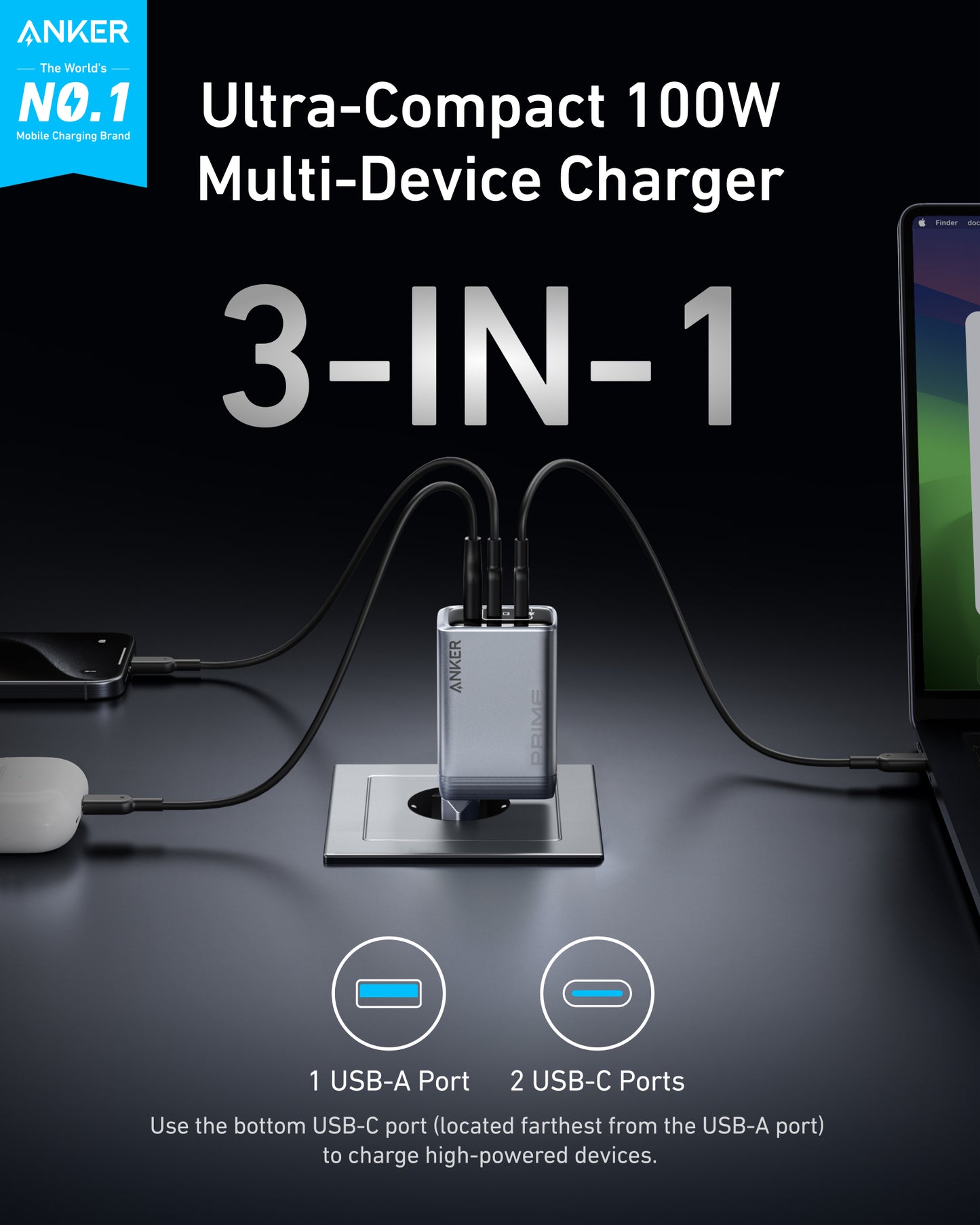 Anker Prime Charger (100W, 3 Ports, GaN) and Anker Prime USB-C to USB-C Cable (240W, Upcycled-Braided)