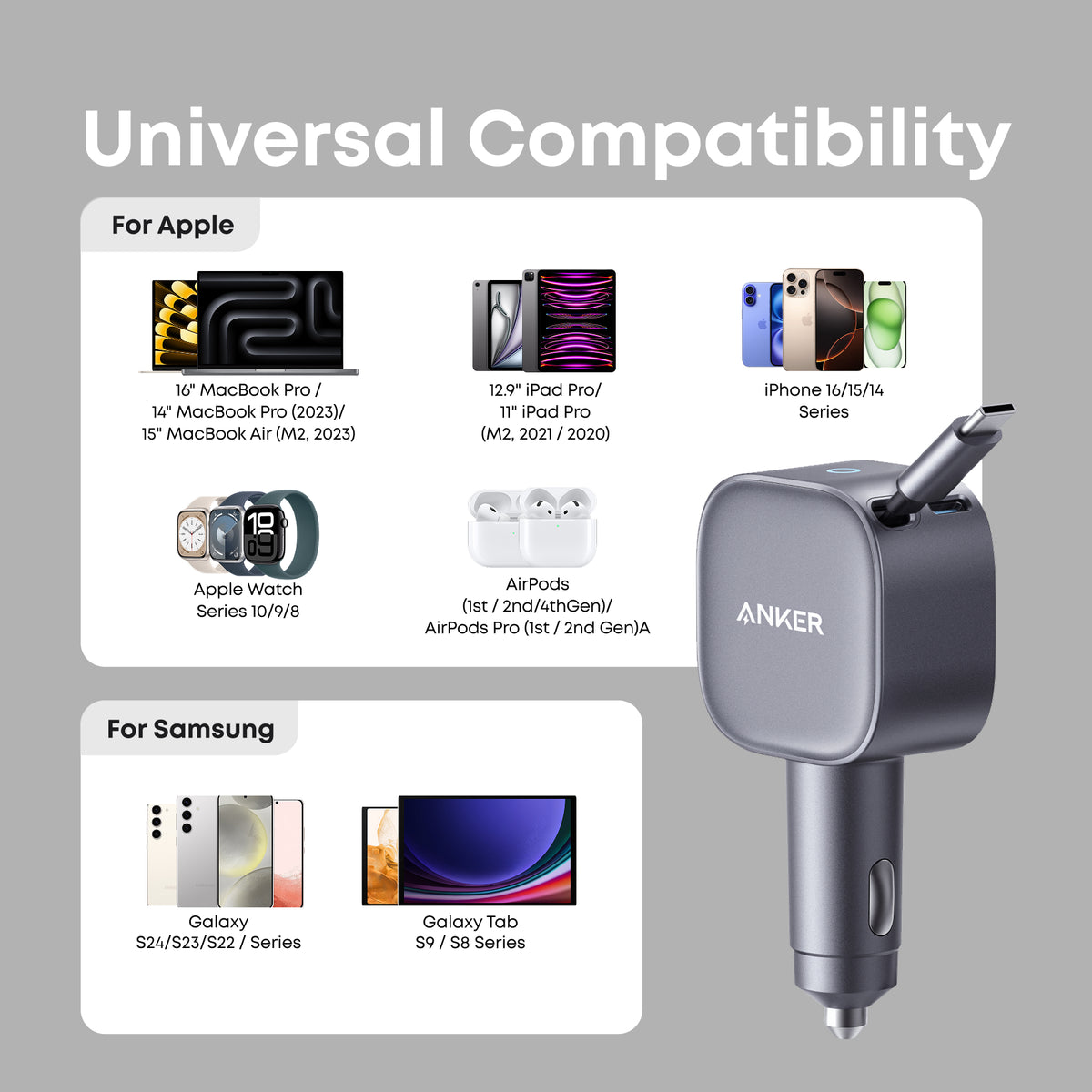Anker Nano Car Charger (75W, USB-C Port, Built-In Retractable USB-C Cable)