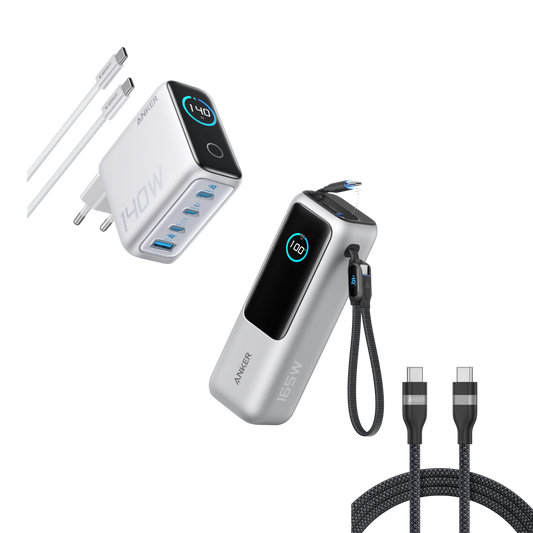 Anker Laptop Charger (140W, 4-Port, PD 3.1) with USB-C Cable, Anker Laptop Power Bank (25K, 165W, Built-In and Retractable Cables) and Anker Prime USB-C to USB-C Cable