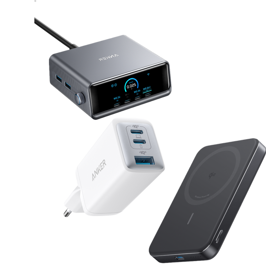 Anker Prime Charger (250W, 6 Ports, GaNPrime), Anker MagGo Power Bank (10K, Slim) and Anker 735 Charger (Nano II 65W)