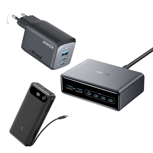Anker Power Bank (20K, 87W, Built-In USB-C Cable), Anker Prime 67W GaN Wall Charger (3 Ports) and Anker Prime Charger (200W, 6 Ports, GaN)
