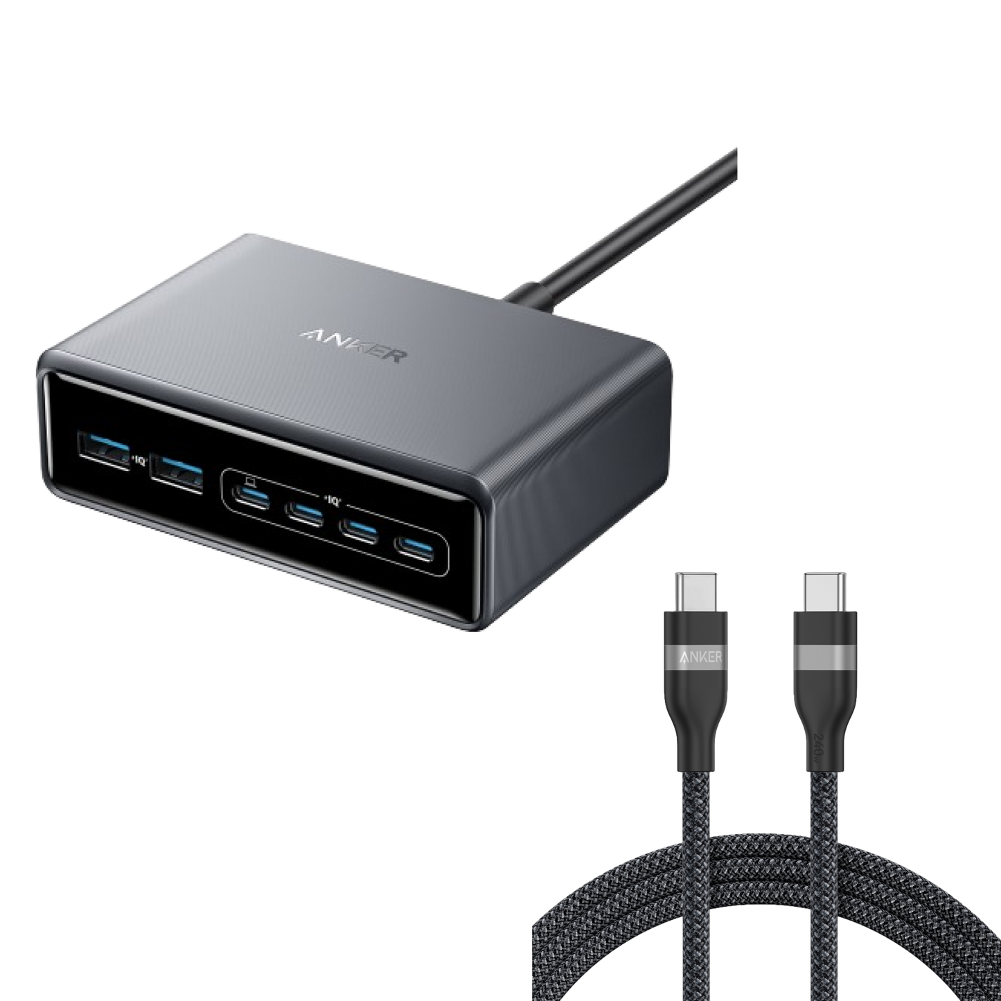 Anker Prime Charger (200W, 6 Ports, GaN) and Anker USB-C to USB-C Cable (240W, Upcycled-Braided)