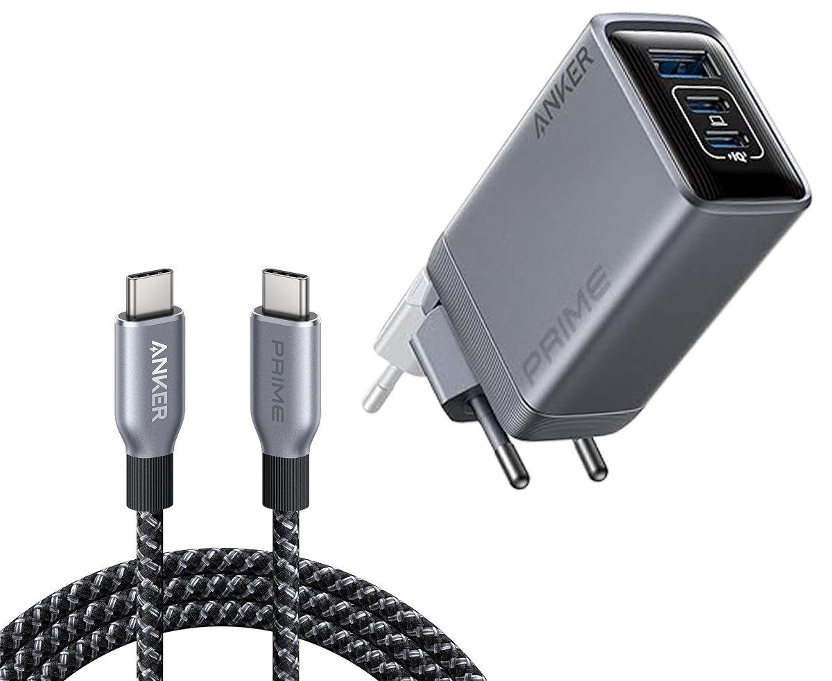 Anker Prime Charger (100W, 3 Ports, GaN) and Anker Prime USB-C to USB-C Cable (240W, Upcycled-Braided)