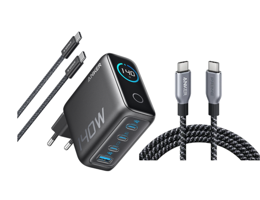Anker Laptop Charger (140W, 4-Port, PD 3.1) with USB-C Cable and Anker Prime USB-C to USB-C Cable (240W, Upcycled-Braided)