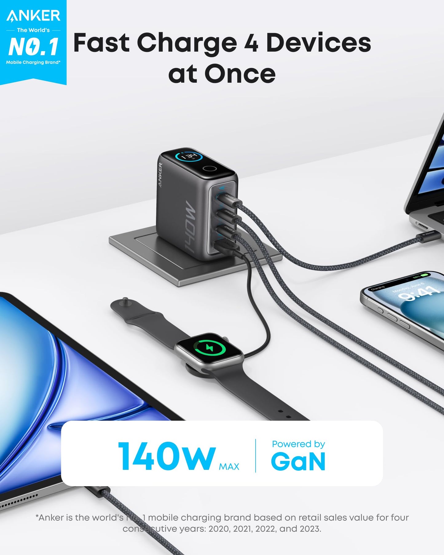 Anker Laptop Charger (140W, 4-Port, PD 3.1) with USB-C Cable and Anker Prime USB-C to USB-C Cable (240W, Upcycled-Braided)