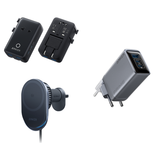 Anker Nano Travel Adapter (5-in-1, 20W, 1-Pack),Anker Prime Charger (100W, 3 Ports, GaN) and Anker Prime Wireless Car Charger (MagGo, AirCool, Pad)