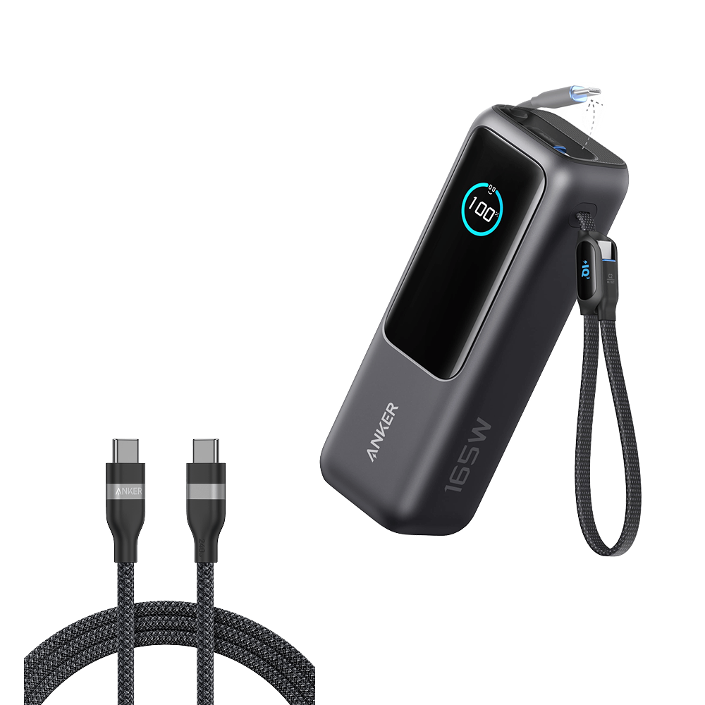 Anker Laptop Power Bank (25K, 165W, Built-In and Retractable Cables) and Anker USB-C to USB-C Cable (240W, Upcycled-Braided)