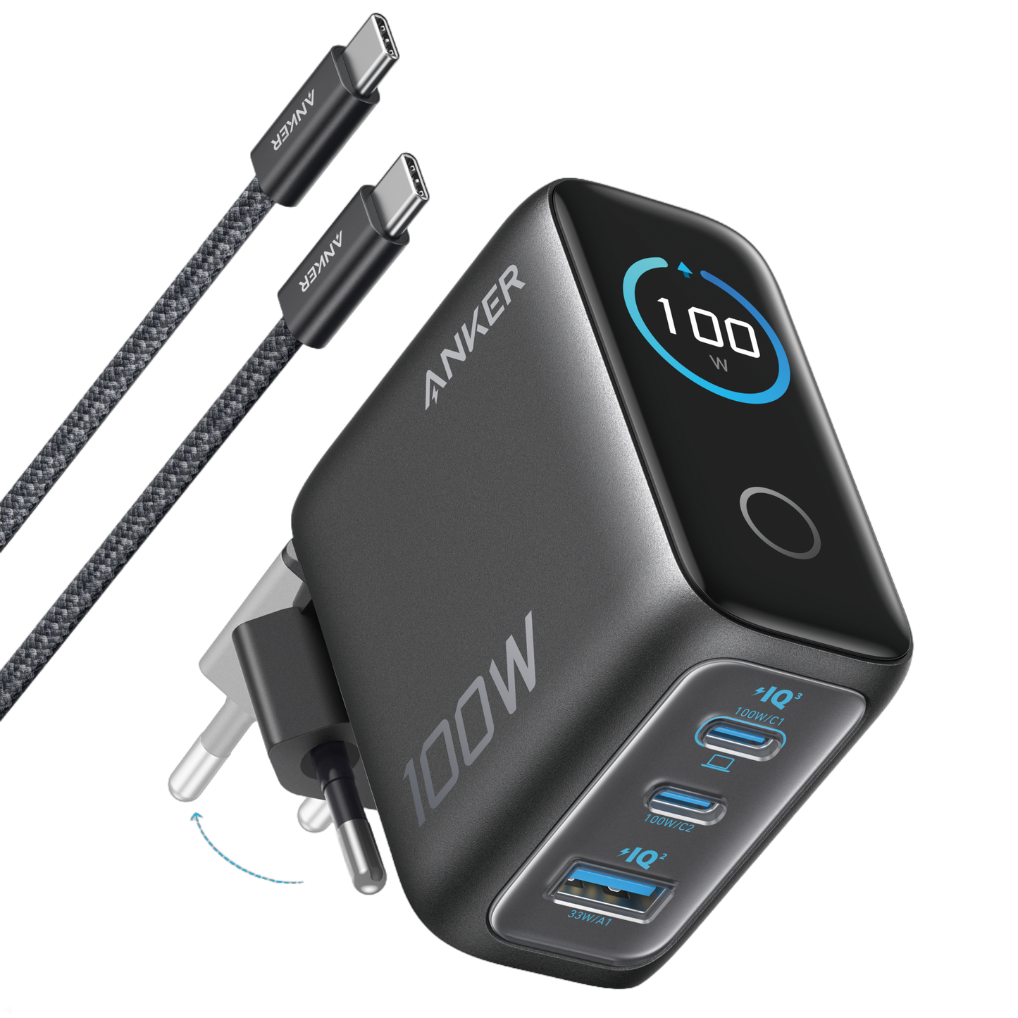 Anker Charger (100W, 3 Ports, Smart Display)