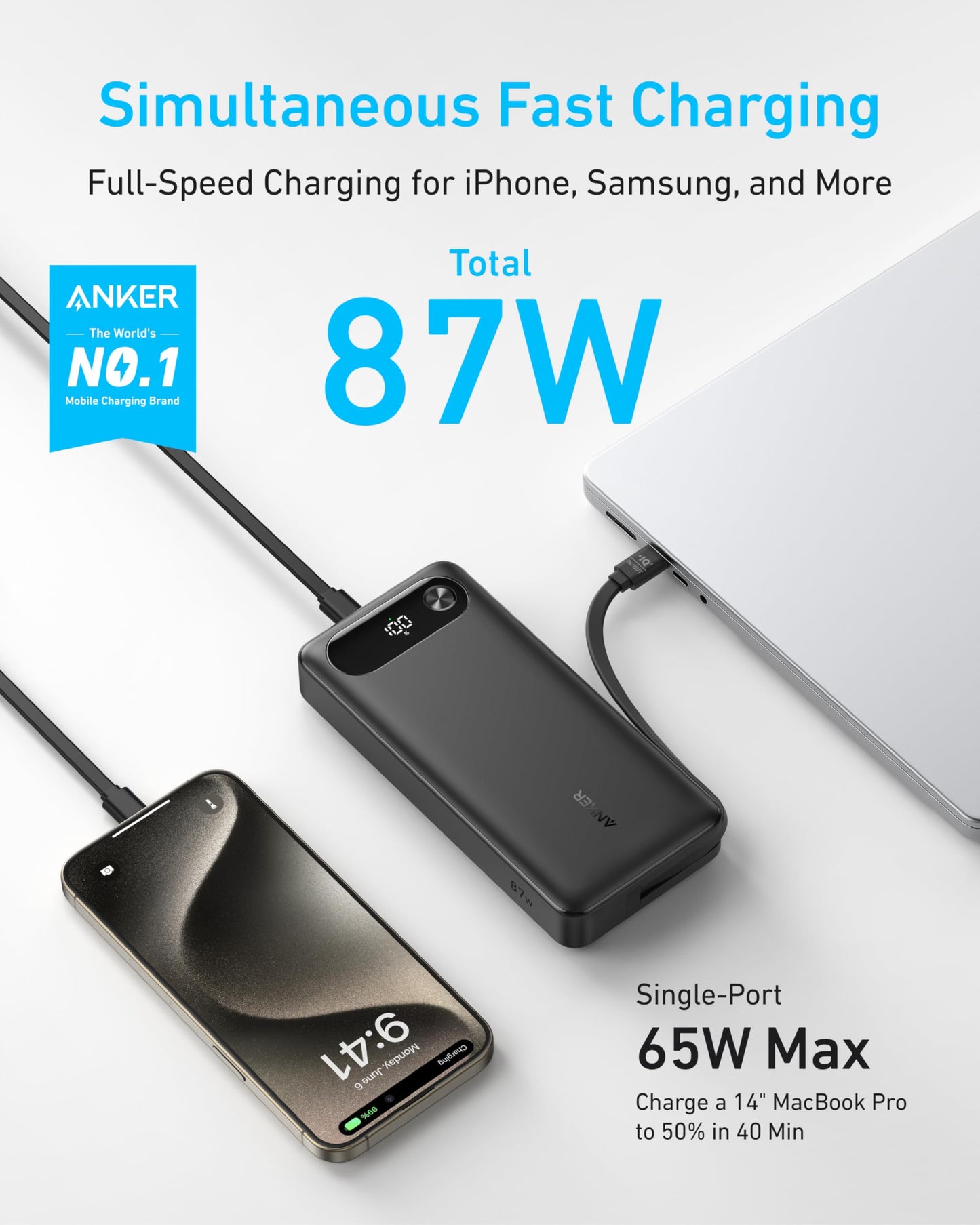 Anker Power Bank (20K, 87W, Built-In USB-C Cable) and Anker USB-C to USB-C Cable