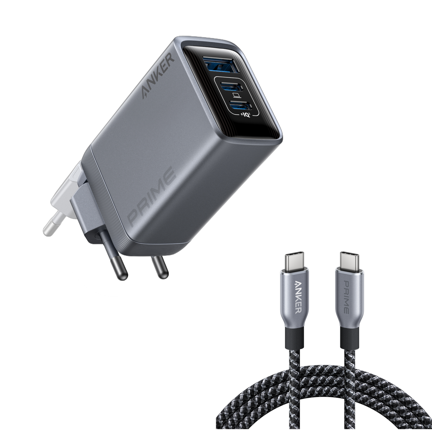 Anker Prime Charger (100W, 3 Ports, GaN) and Anker Prime USB-C to USB-C Cable (240W, Upcycled-Braided)