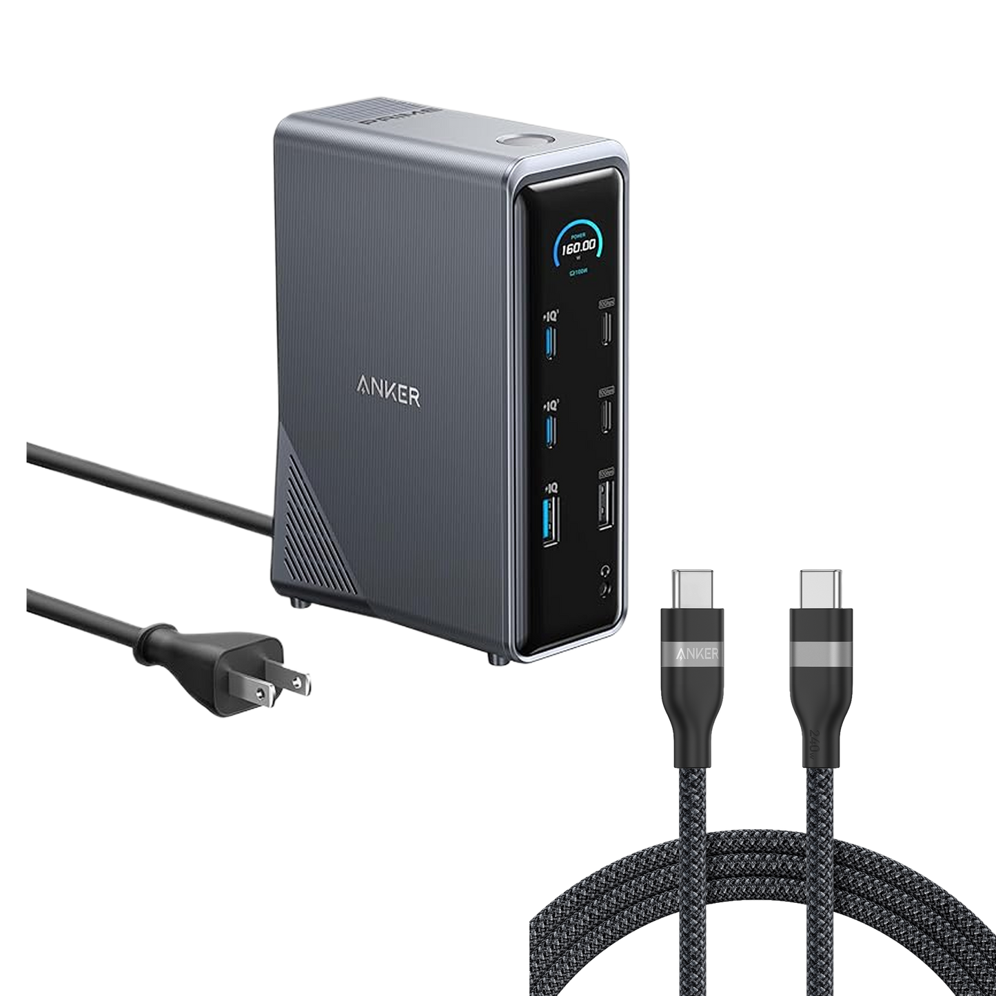 Anker Prime Charging Docking Station (14-in-1, Dual Display, 160W) and Anker USB-C to USB-C Cable (240W, Upcycled-Braided)