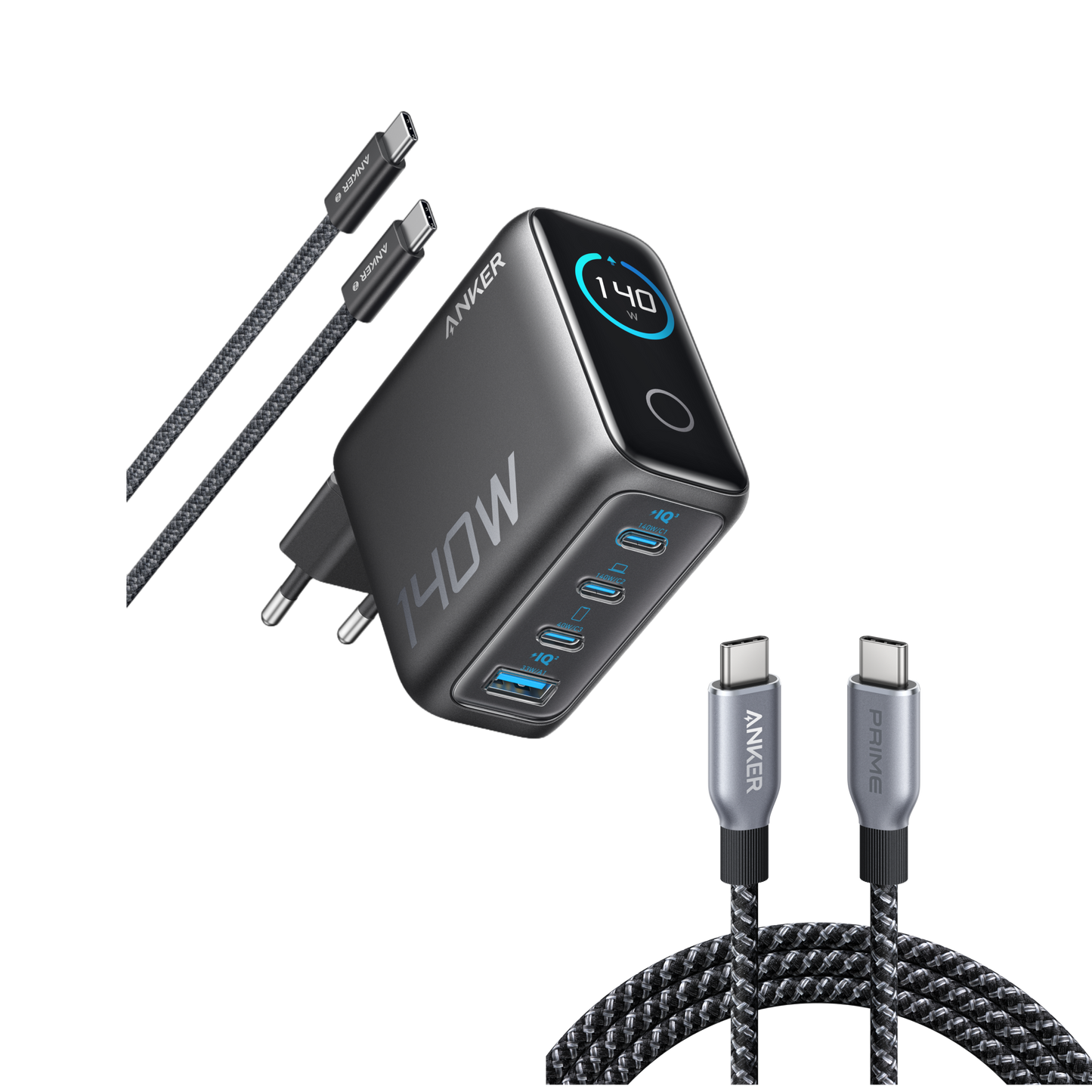 Anker Laptop Charger (140W, 4-Port, PD 3.1) with USB-C Cable and Anker Prime USB-C to USB-C Cable (240W, Upcycled-Braided)