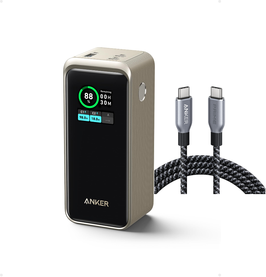 Anker Prime 20,000mAh Power Bank (200W)+Anker Prime USB-C to USB-C Cable (240W, Upcycled-Braided)