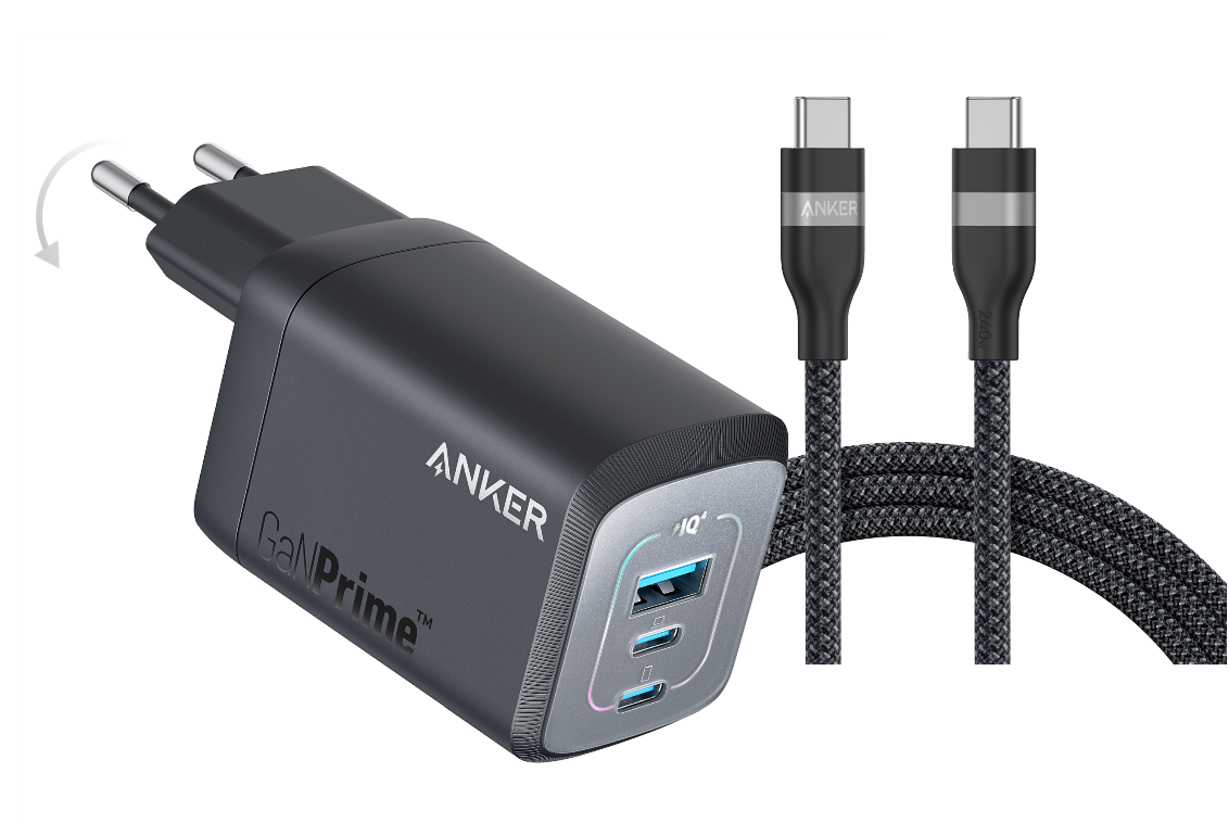 Anker Prime 100W GaN Wall Charger (3 Ports)+Anker USB-C to USB-C Cable (240W, Upcycled-Braided)